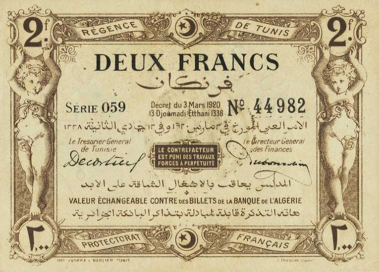 Front of Tunisia p50: 2 Francs from 1920