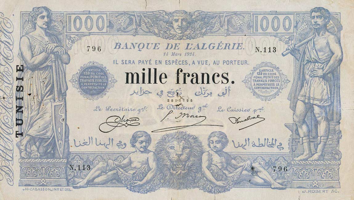 Front of Tunisia p7b: 1000 Francs from 1923
