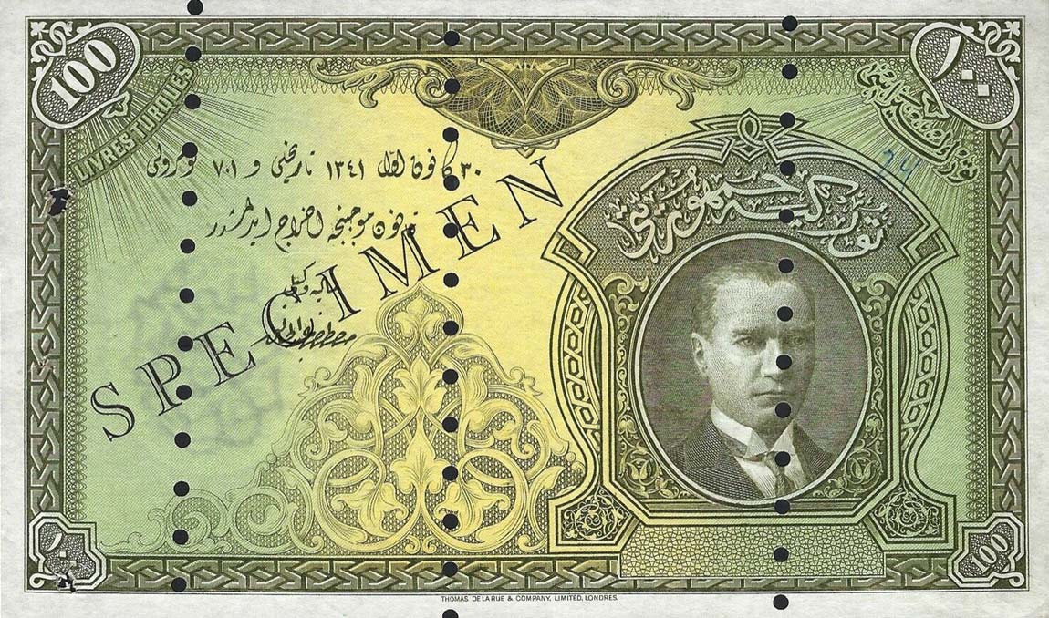 Front of Turkey p123s: 100 Livres from 1926