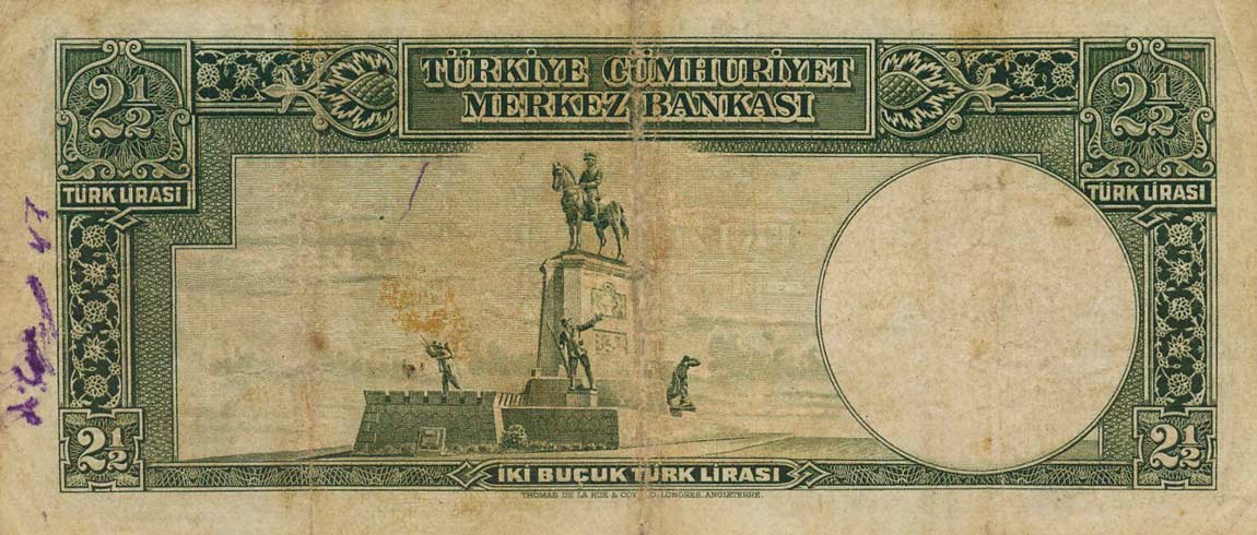 Back of Turkey p126: 2.5 Lira from 1939
