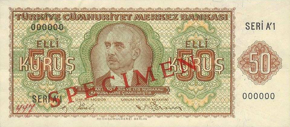 Front of Turkey p134s: 50 Kurus from 1944