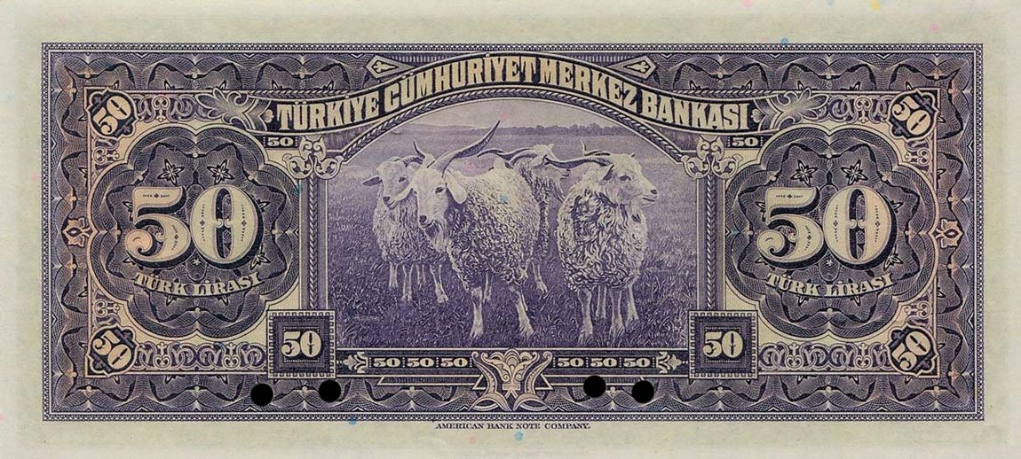 Back of Turkey p142s: 50 Lira from 1942