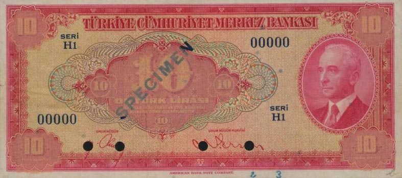 Front of Turkey p147s: 10 Lira from 1947
