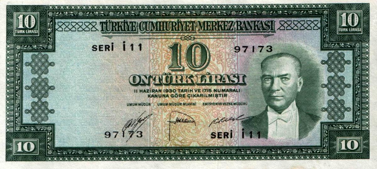 Front of Turkey p156a: 10 Lira from 1951