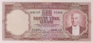 p170a from Turkey: 500 Lira from 1953