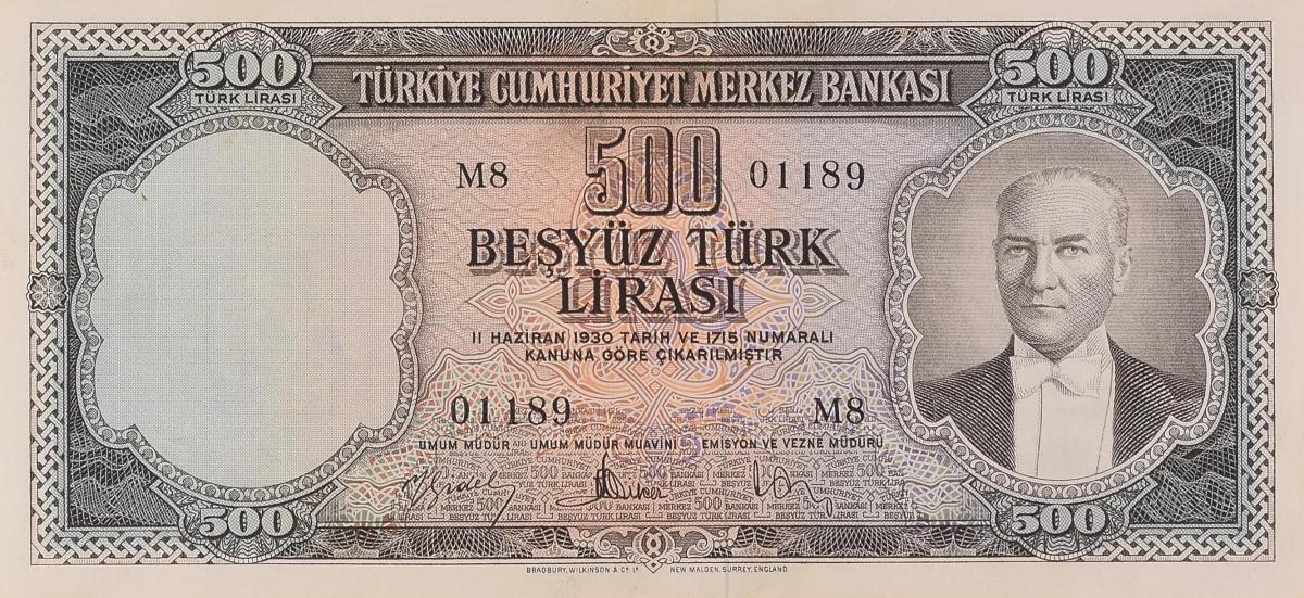Front of Turkey p171a: 500 Lira from 1959