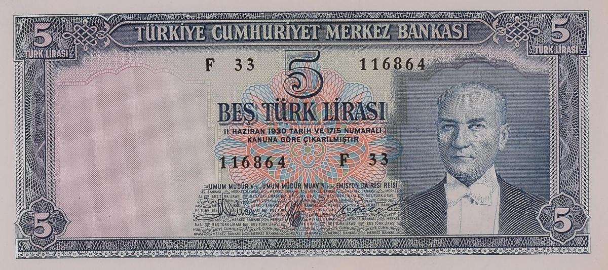 Front of Turkey p173a: 5 Lira from 1961