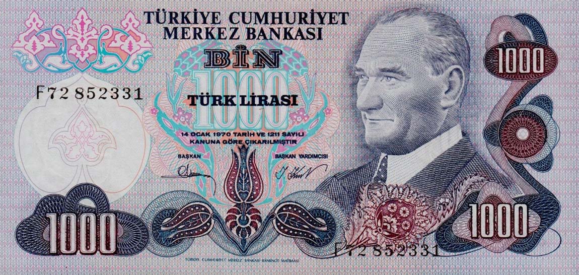 5 PCS Consecutive LOT Turkey 1000 Lira  1970 1986 P-196 UNC Prefix G 