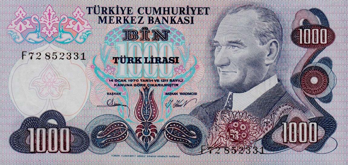 Front of Turkey p191: 1000 Lira from 1970