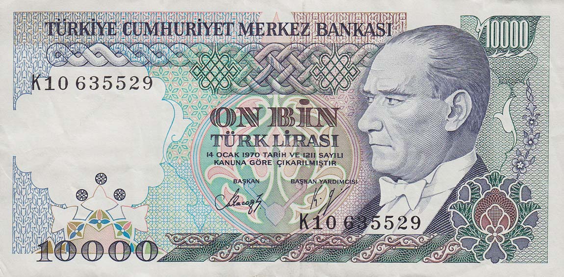 Front of Turkey p200: 10000 Lira from 1970