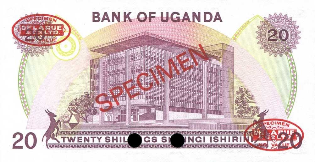 Back of Uganda p12s: 20 Shillings from 1979