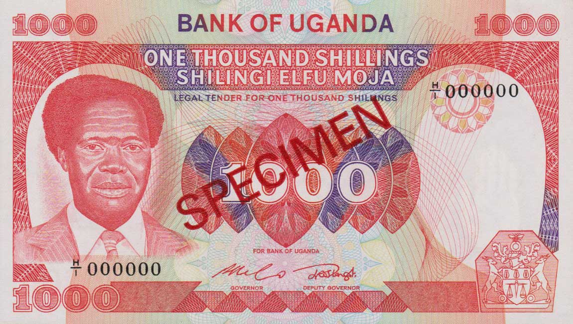 Front of Uganda p23s: 1000 Shillings from 1983