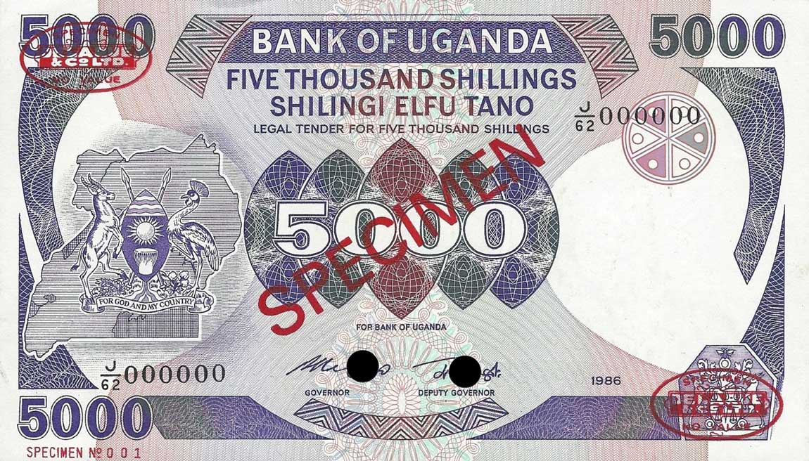 Front of Uganda p24s: 5000 Shillings from 1985