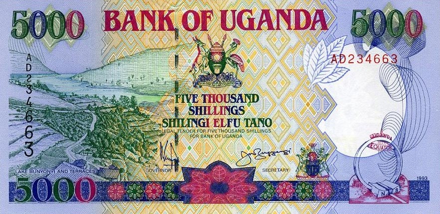 Front of Uganda p37a: 5000 Shillings from 1993