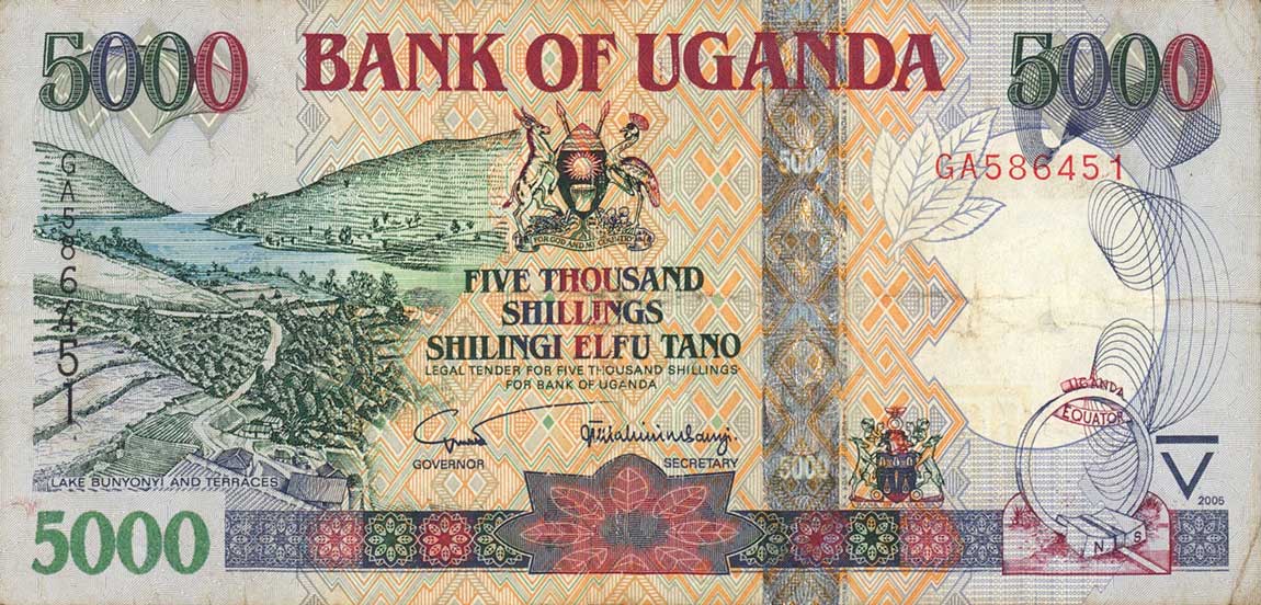 Front of Uganda p44b: 5000 Shillings from 2005