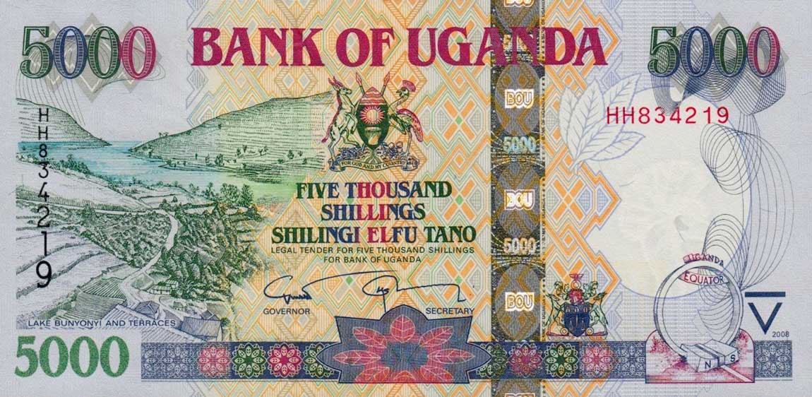 Front of Uganda p44c: 5000 Shillings from 2008