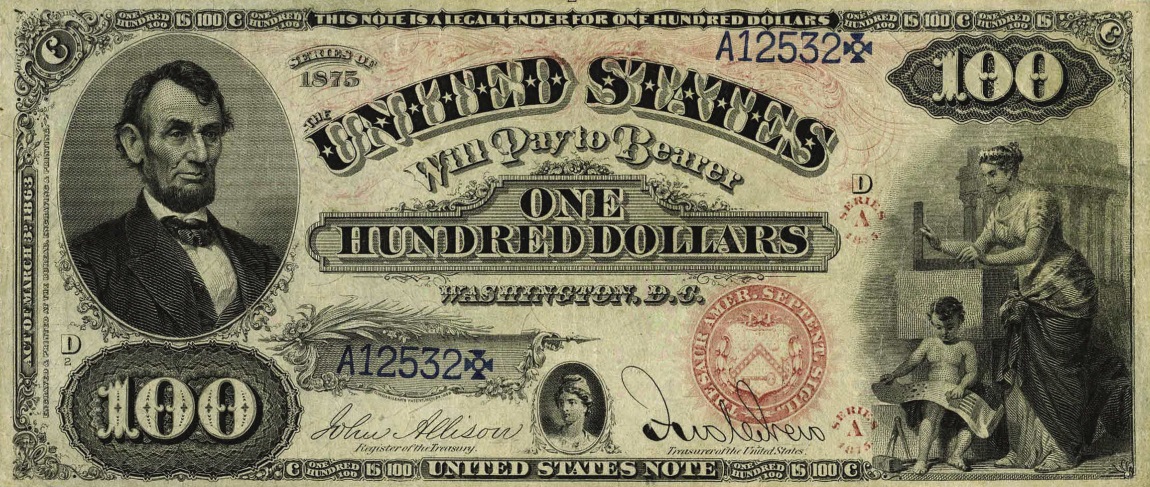 Front of United States p163: 100 Dollars from 1875