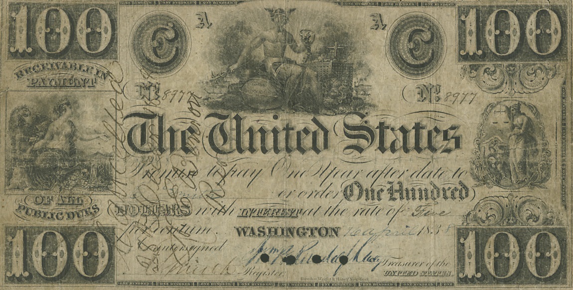 Front of United States p18: 100 Dollars from 1837