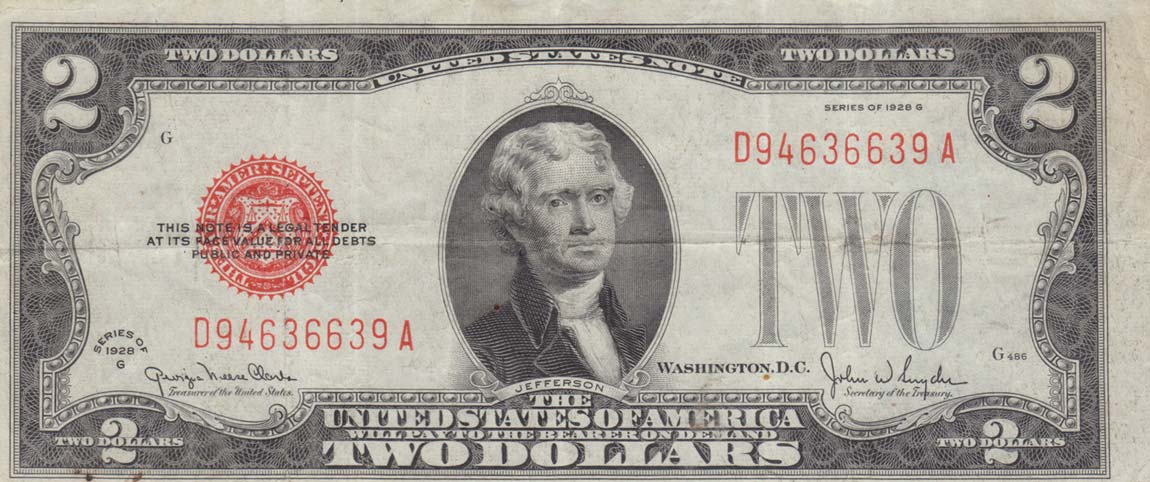 Front of United States p378g: 2 Dollars from 1928