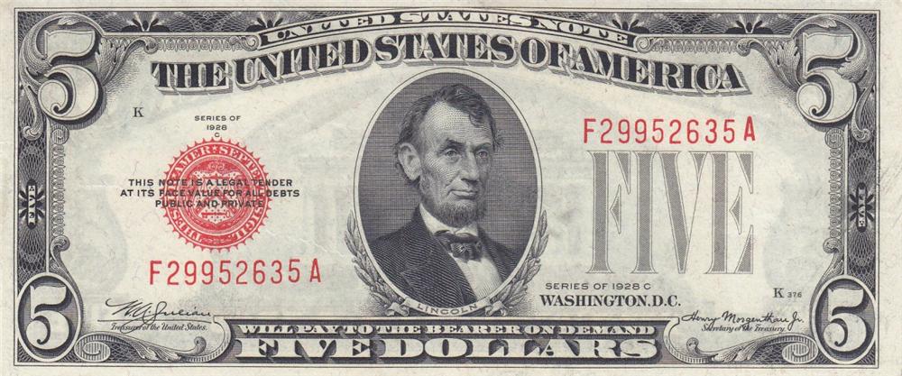 Front of United States p379c: 5 Dollars from 1928