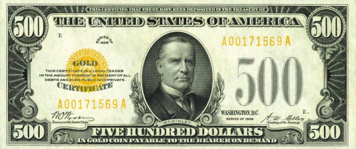 Front of United States p404: 500 Dollars from 1928