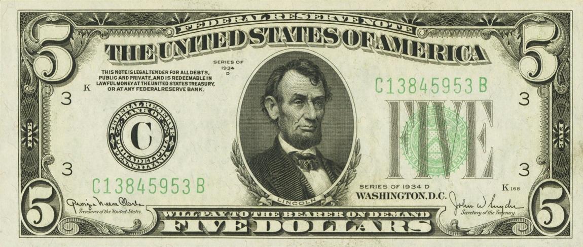 Front of United States p429Dd: 5 Dollars from 1934