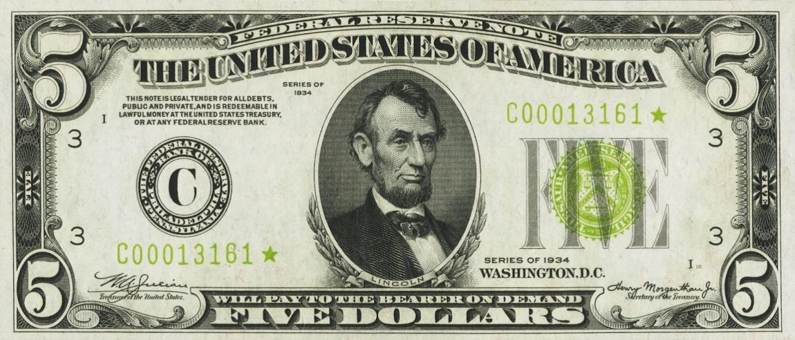 Front of United States p429L: 5 Dollars from 1934