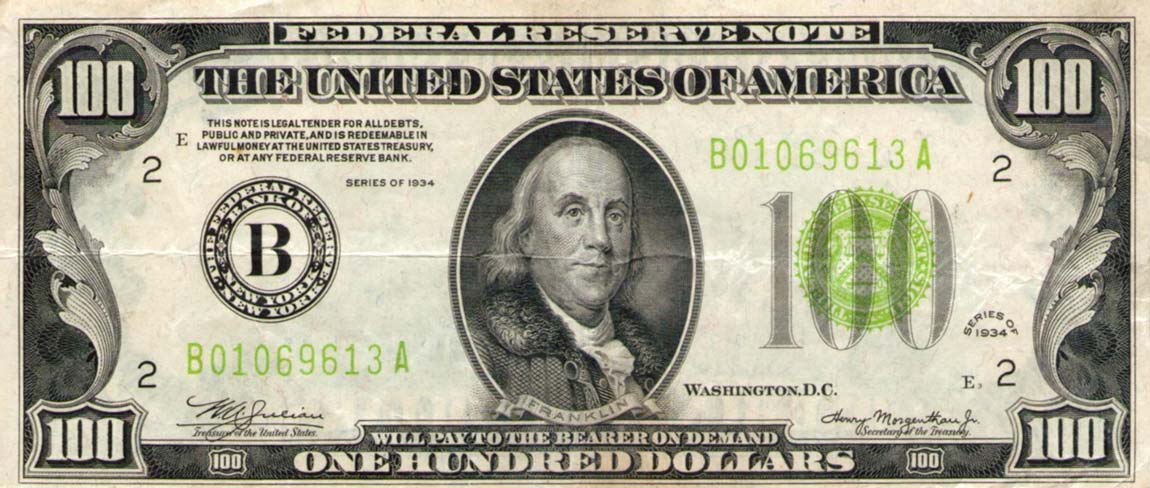 Front of United States p433L: 100 Dollars from 1934