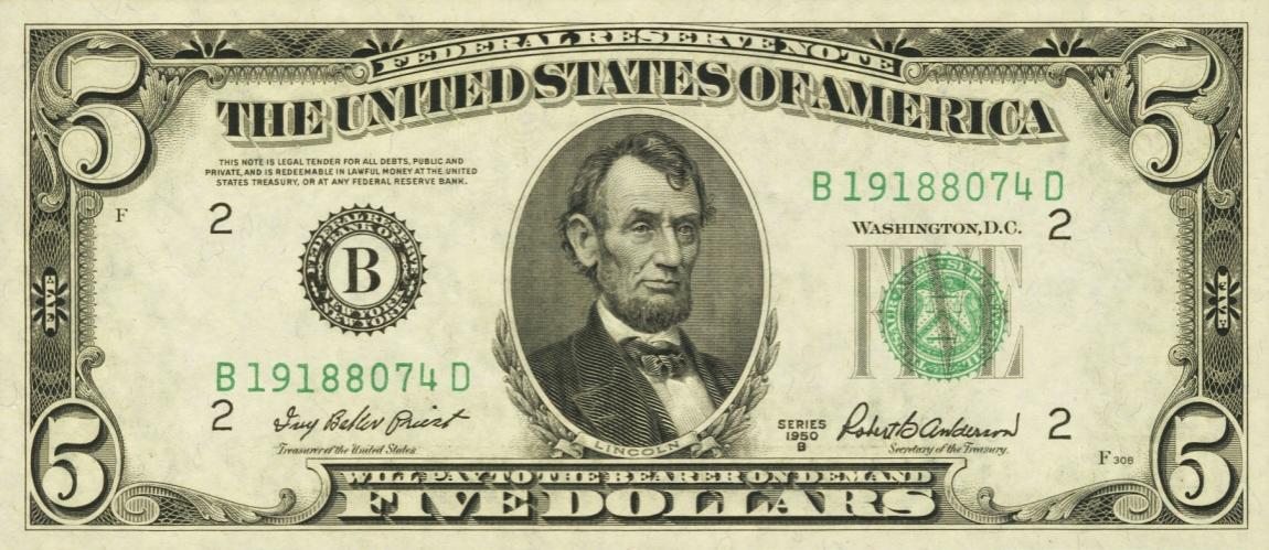 Front of United States p438b: 5 Dollars from 1950