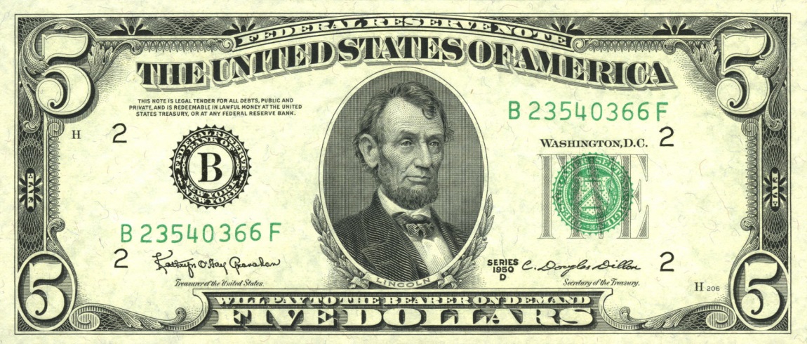 Front of United States p438d: 5 Dollars from 1950