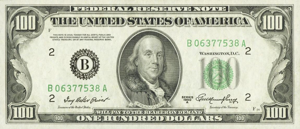 Front of United States p442a: 100 Dollars from 1950