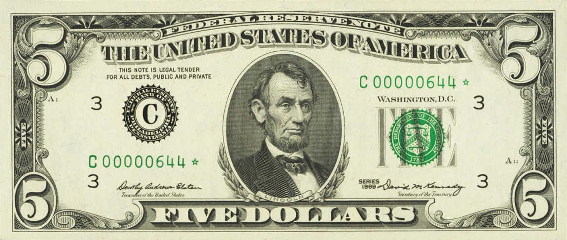 Front of United States p450a: 5 Dollars from 1969