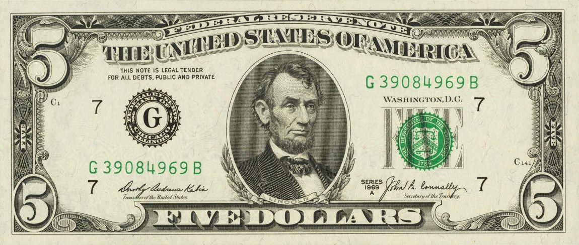 Front of United States p450b: 5 Dollars from 1969