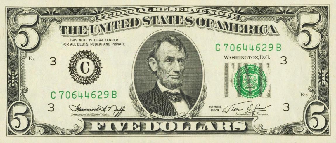Front of United States p456: 5 Dollars from 1974