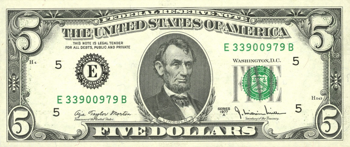 Front of United States p463b: 5 Dollars from 1977