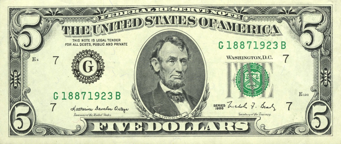 Front of United States p481a: 5 Dollars from 1988