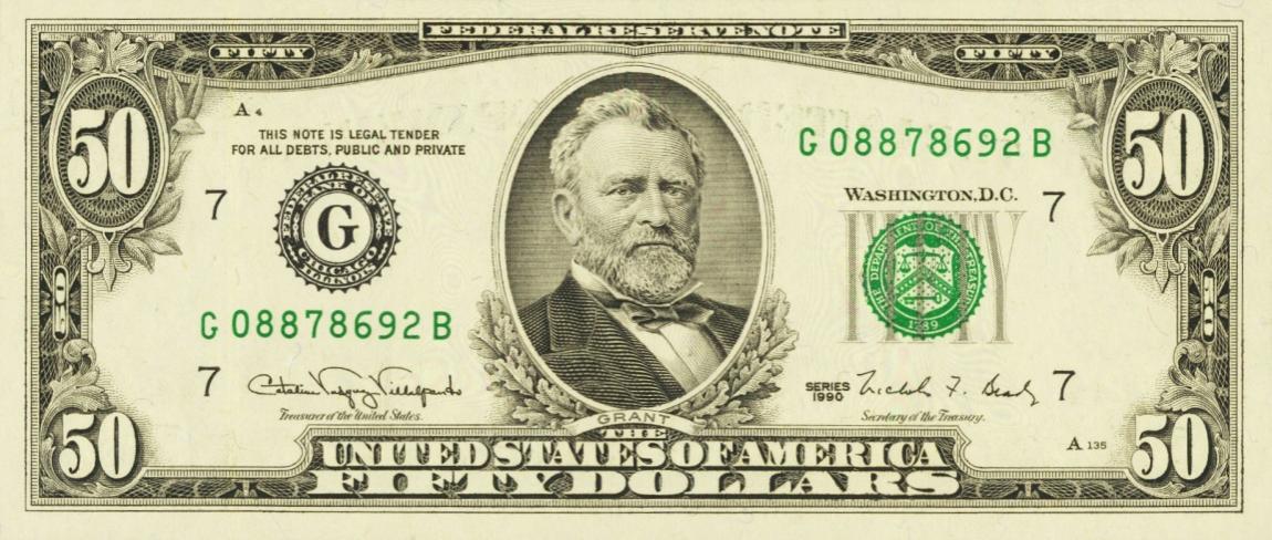 Front of United States p488: 50 Dollars from 1990