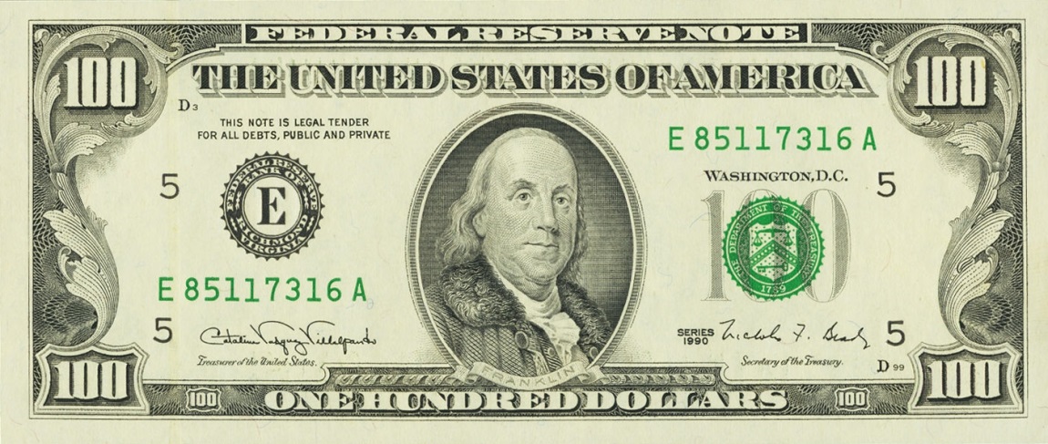 Front of United States p489: 100 Dollars from 1990