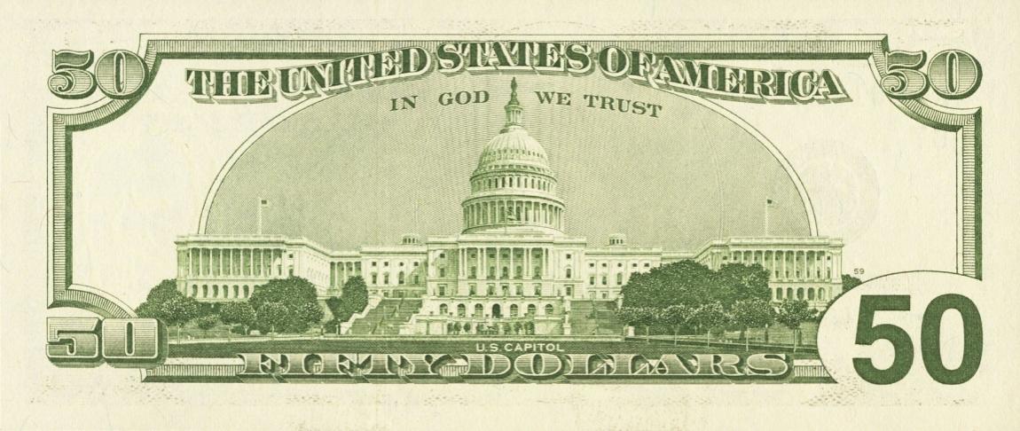 Back of United States p502: 50 Dollars from 1996