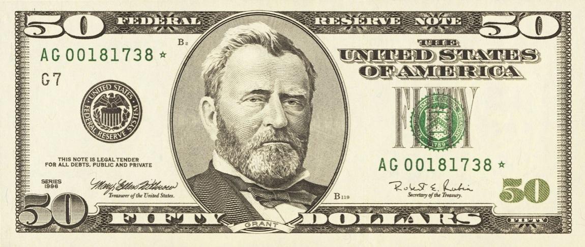 Front of United States p502: 50 Dollars from 1996