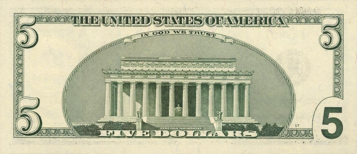 Back of United States p523A: 5 Dollars from 2006