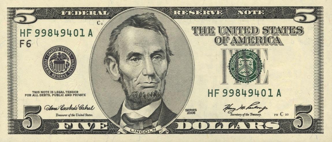 Front of United States p523A: 5 Dollars from 2006