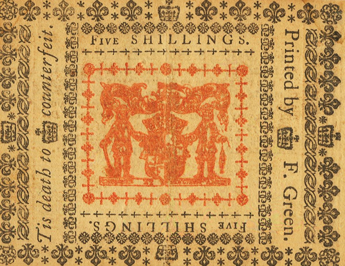 Back of United States pS1040: 5 Shillings from 1781