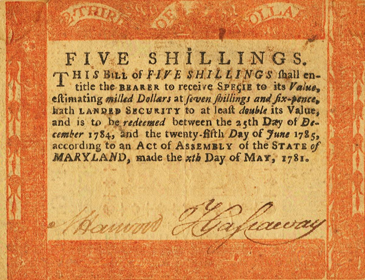 Front of United States pS1040: 5 Shillings from 1781