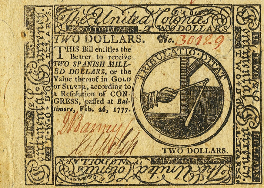 Front of United States pS155: 2 Dollars from 1777