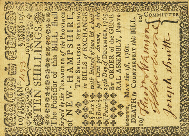 Front of United States pS1578: 10 Shillings from 1761