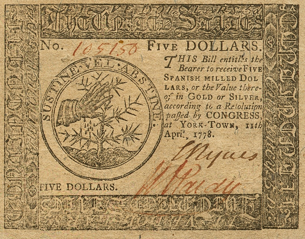 Front of United States pS172: 5 Dollars from 1778
