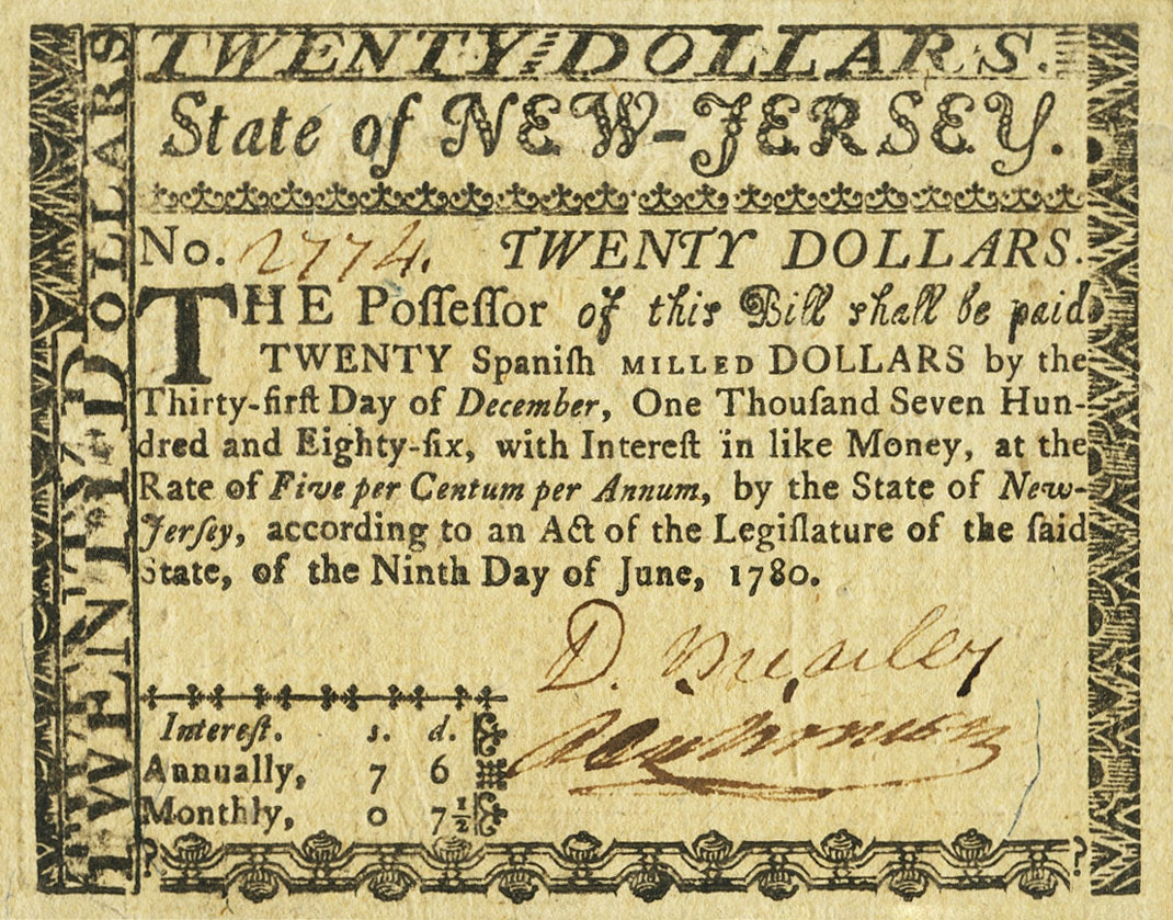 Front of United States pS1834: 20 Dollars from 1780
