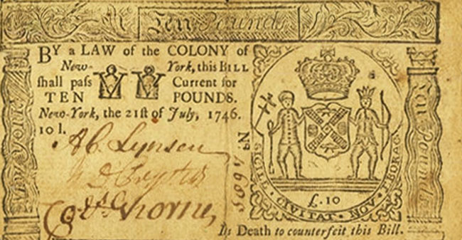 Front of United States pS1980: 10 Shillings from 1746