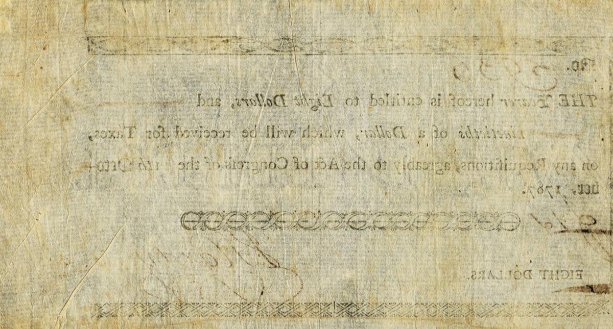 Back of United States pS202E: 8 Dollars from 1785